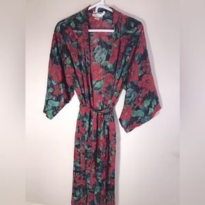 Vtg Victoria’s Secret Gold Label Long Floral Robe Green Red Small